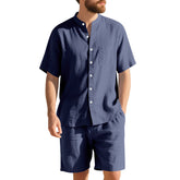 American Linen Suit Men Summer Two Piece Suit With Henry Collar Beach